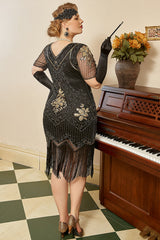 Schwarz Goldene Pailletten Gatsby Fransen Übergröße 1920er Jahre Kleid