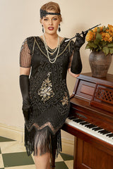 Schwarz Goldene Pailletten Gatsby Fransen Übergröße 1920er Jahre Kleid