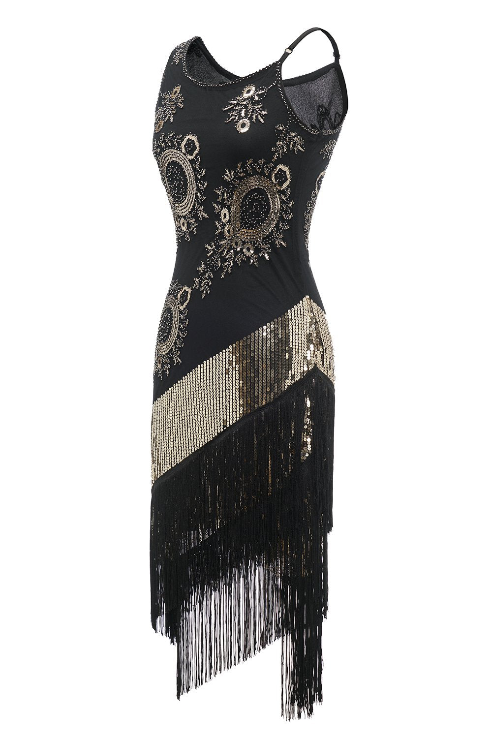 Schwarzes Fransen Pailletten Gatsby Kleid