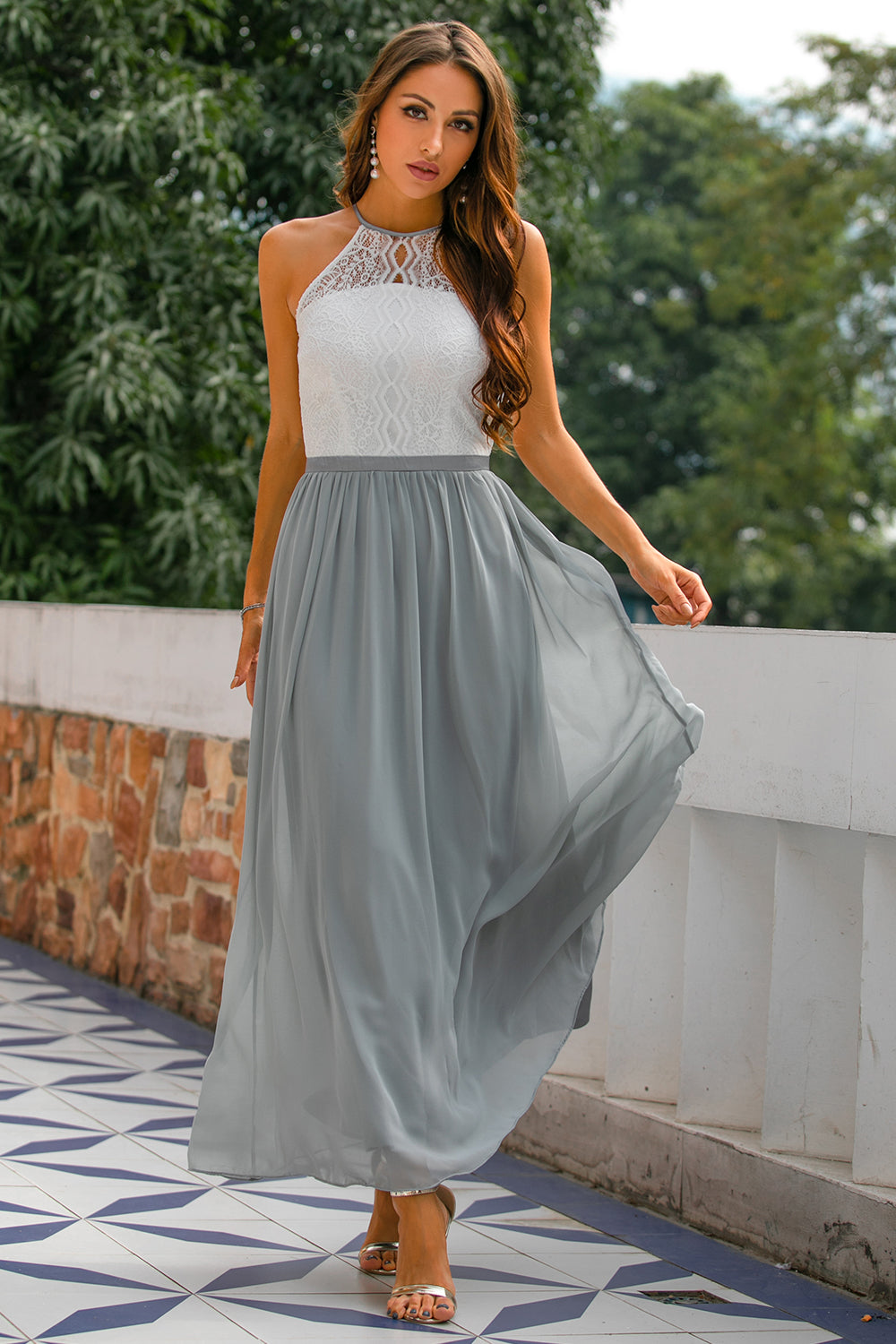 Zapaka Damen Kleider für Hochzeitsgäste Langes A-Linie Rundhals Chiffon Grau Abendkleid Brautjungfernkleid mit Spitze