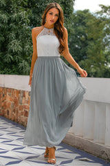 Zapaka Damen Kleider für Hochzeitsgäste Langes A-Linie Rundhals Chiffon Grau Abendkleid Brautjungfernkleid mit Spitze