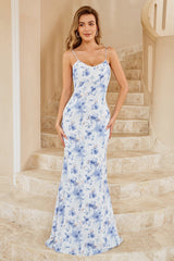 Blaues florales Boho Brautjungfernkleid