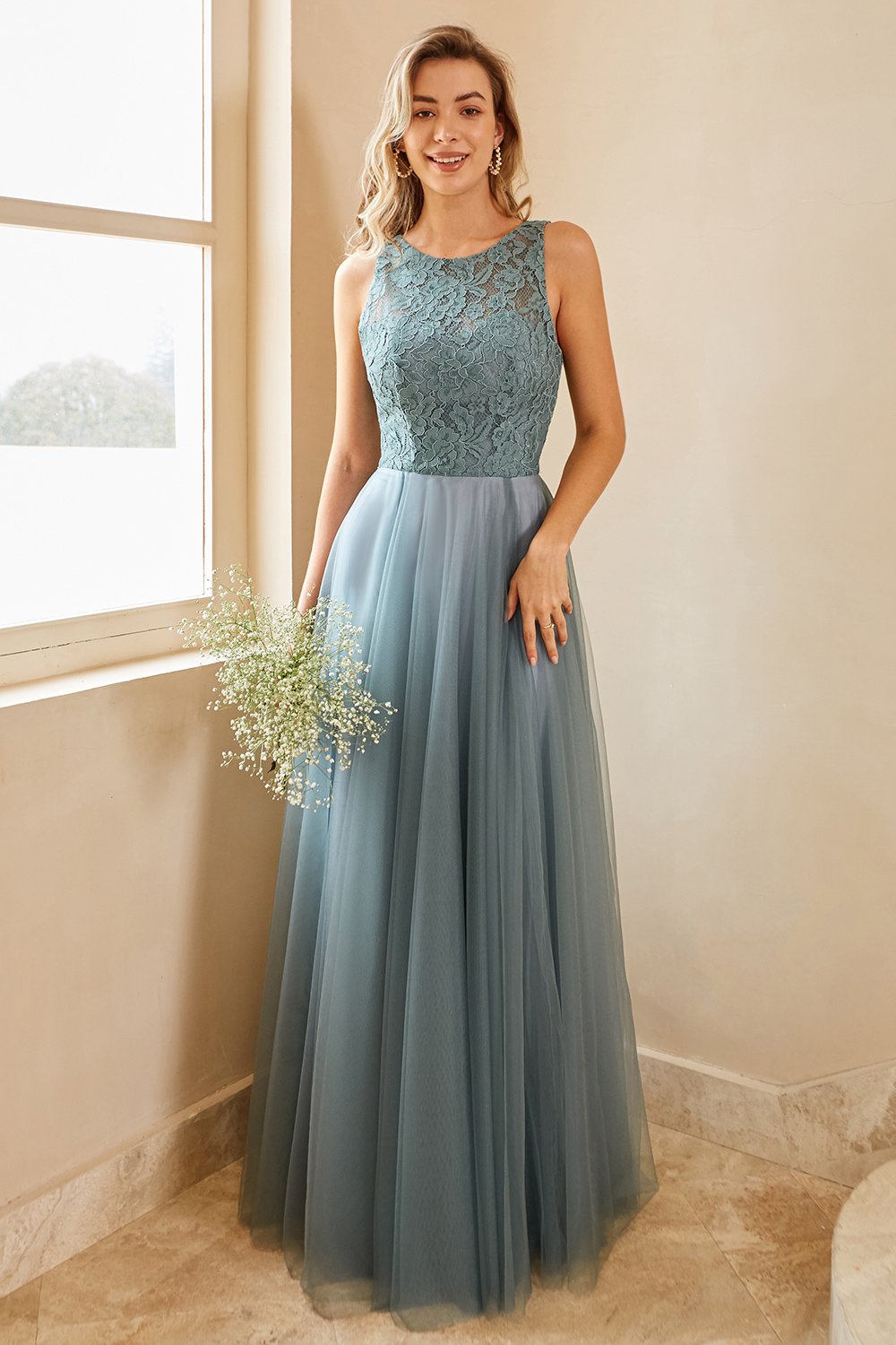Grau blauer Tüll Brautjungfernkleid mit Spitze