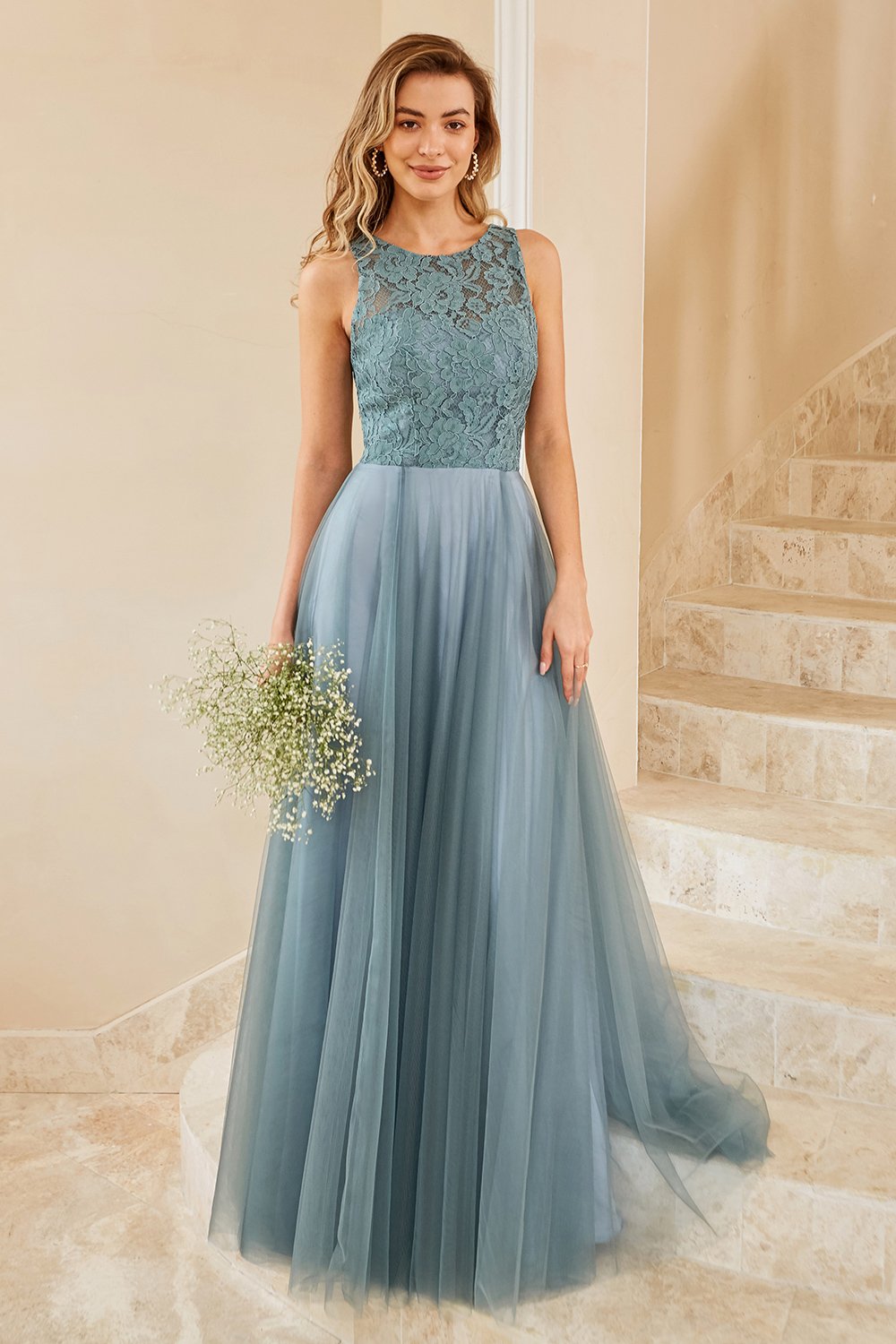 Grau blauer Tüll Brautjungfernkleid mit Spitze