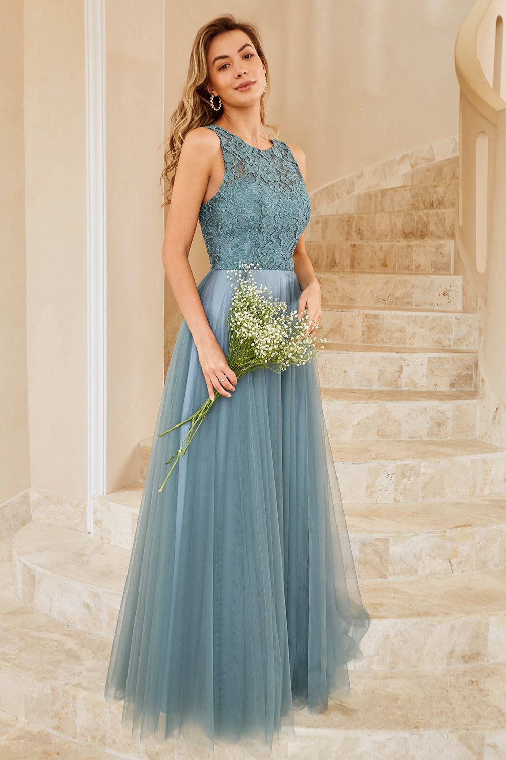 Grau blauer Tüll Brautjungfernkleid mit Spitze