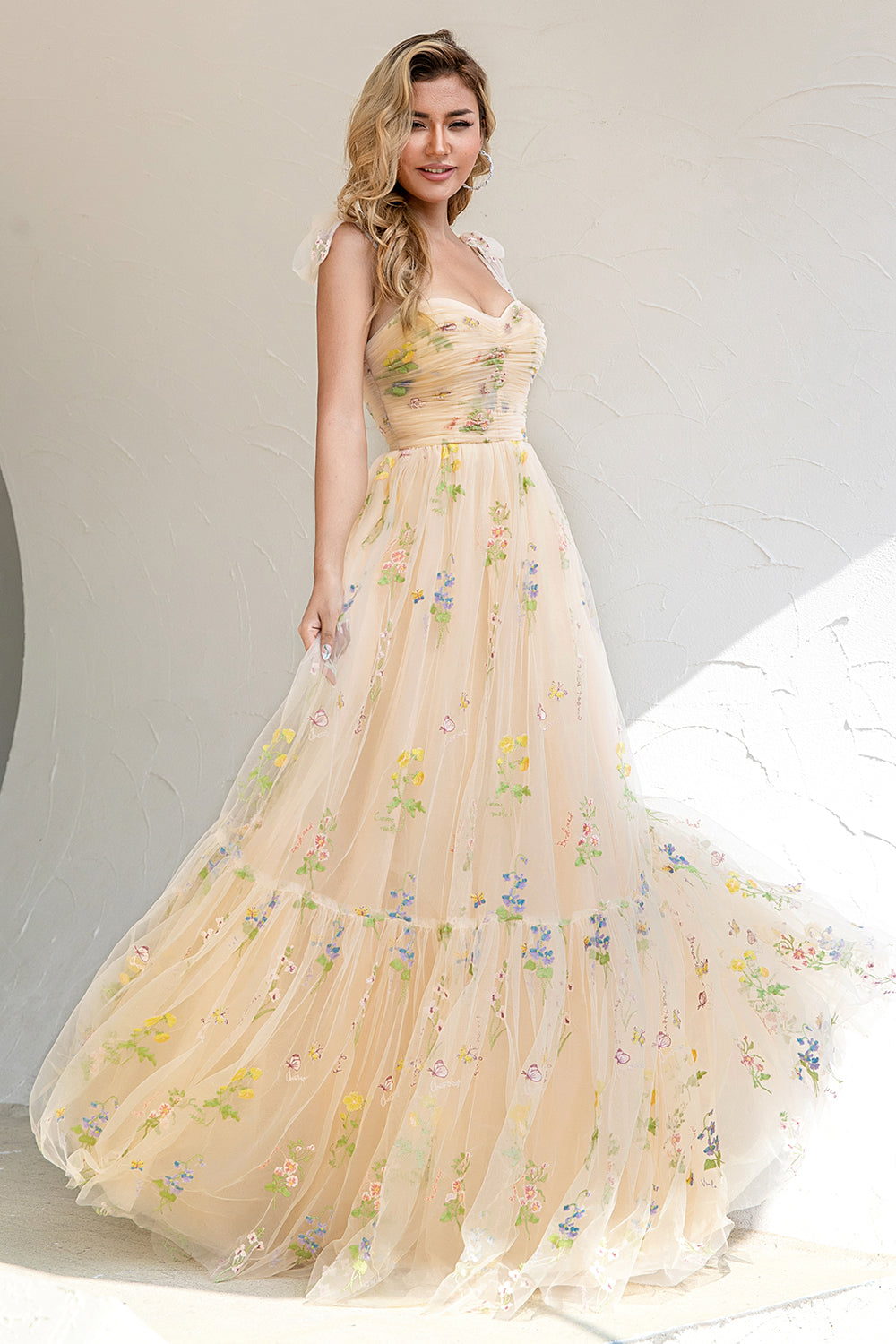 A Linie Spaghetti Träger Champagner Ballkleid mit Applikationen