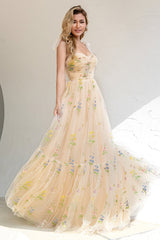 A Linie Spaghetti Träger Champagner Ballkleid mit Applikationen