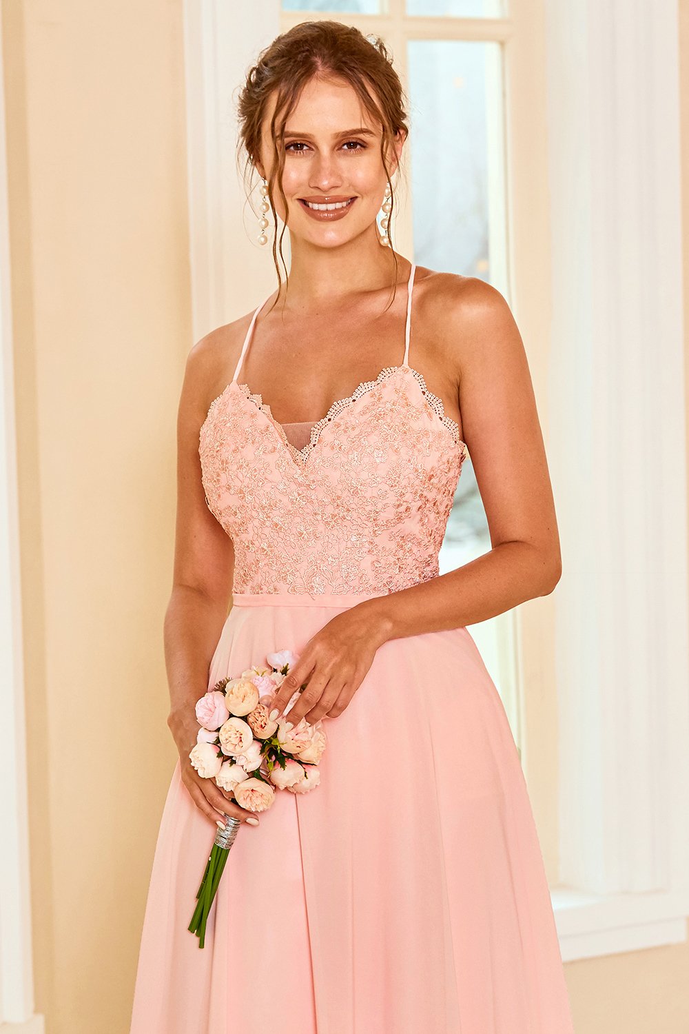 Spitze Blush Brautjungfer Kleid