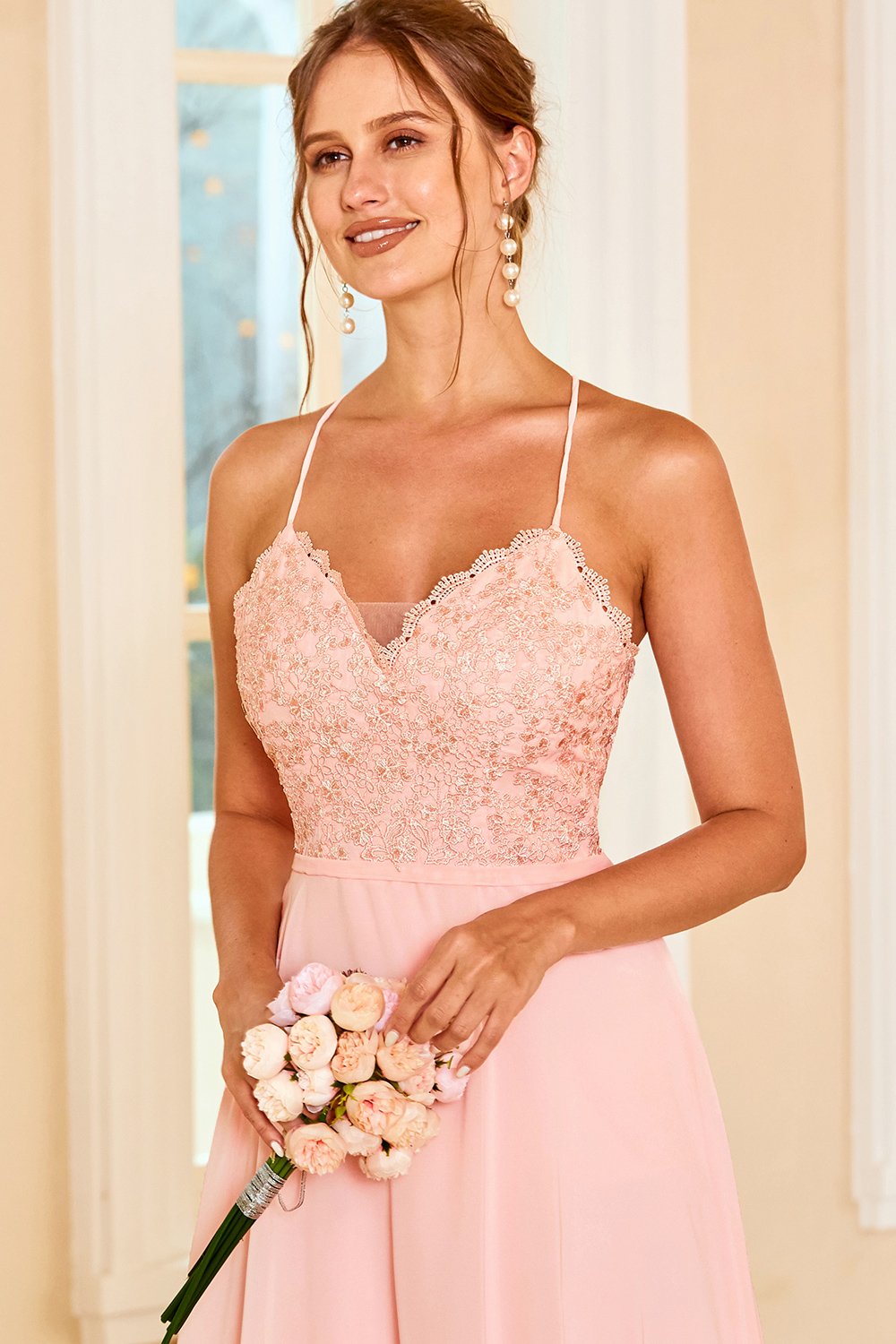 Spitze Blush Brautjungfer Kleid