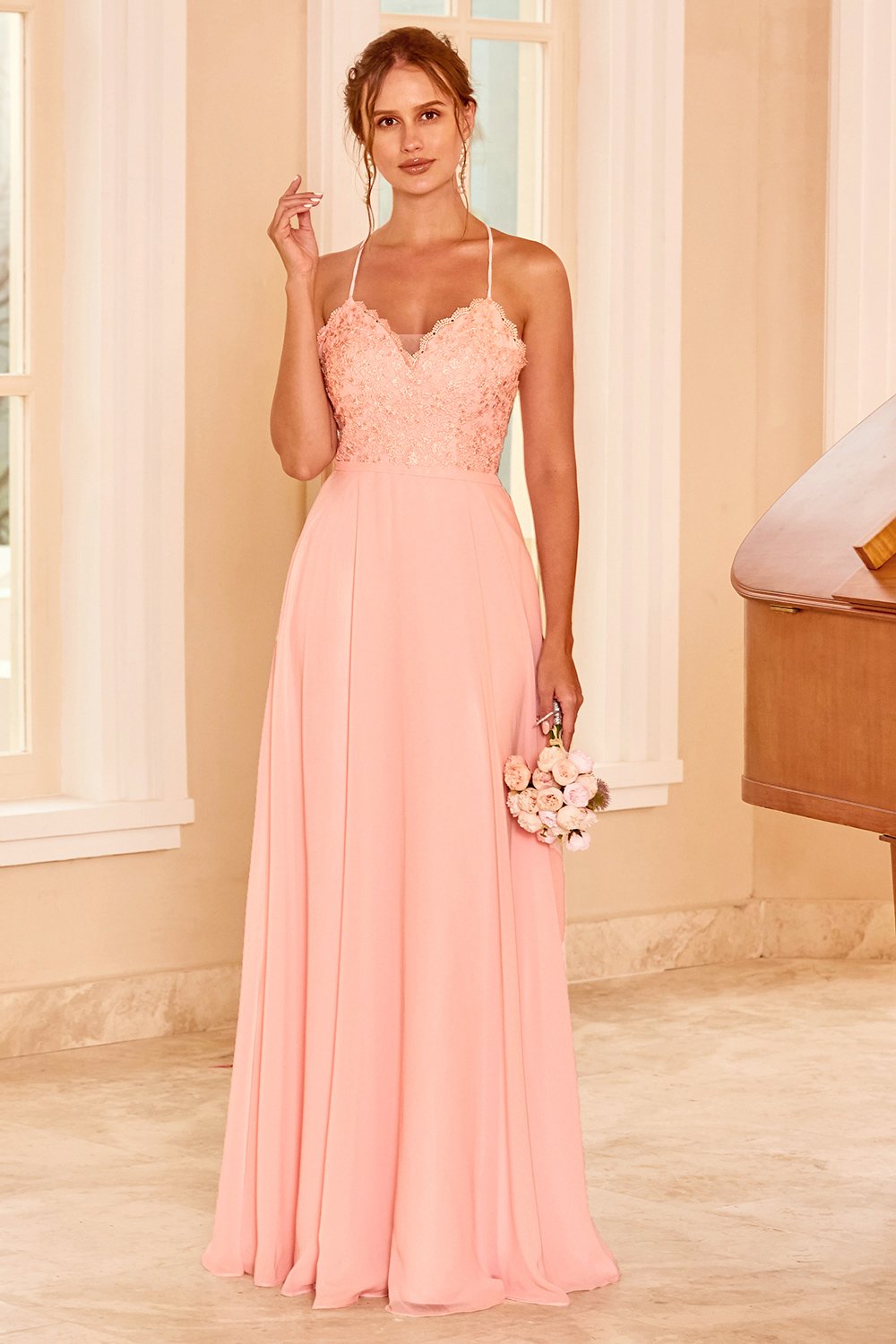 Spitze Blush Brautjungfer Kleid