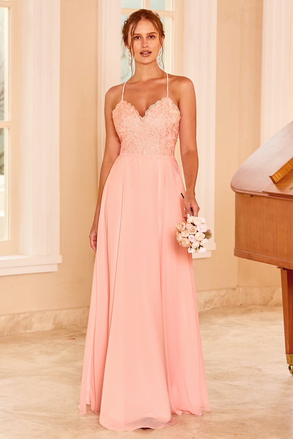 Spitze Blush Brautjungfer Kleid