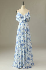 A-Linie Schulterfreies Blaues Blumendruck Langes Brautjungfernkleid