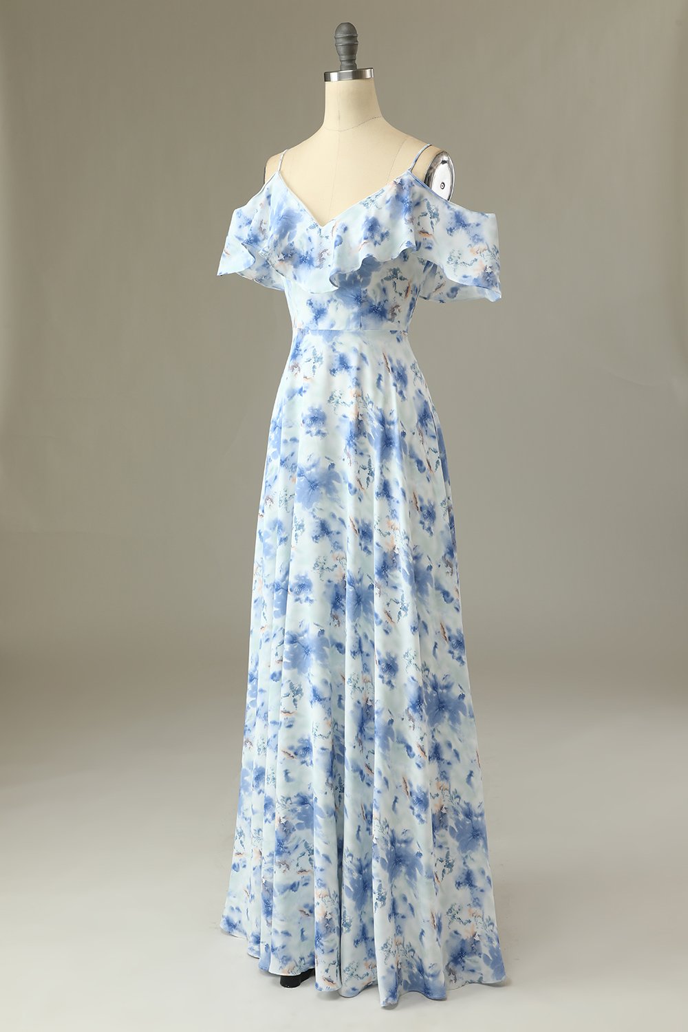 A-Linie Schulterfreies Blaues Blumendruck Langes Brautjungfernkleid