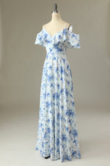 A-Linie Schulterfreies Blaues Blumendruck Langes Brautjungfernkleid