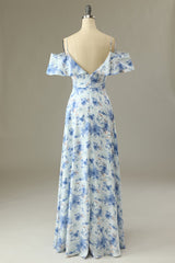 A-Linie Schulterfreies Blaues Blumendruck Langes Brautjungfernkleid