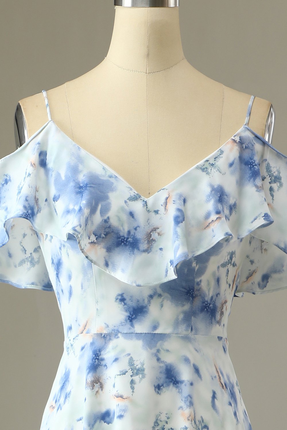 A-Linie Schulterfreies Blaues Blumendruck Langes Brautjungfernkleid