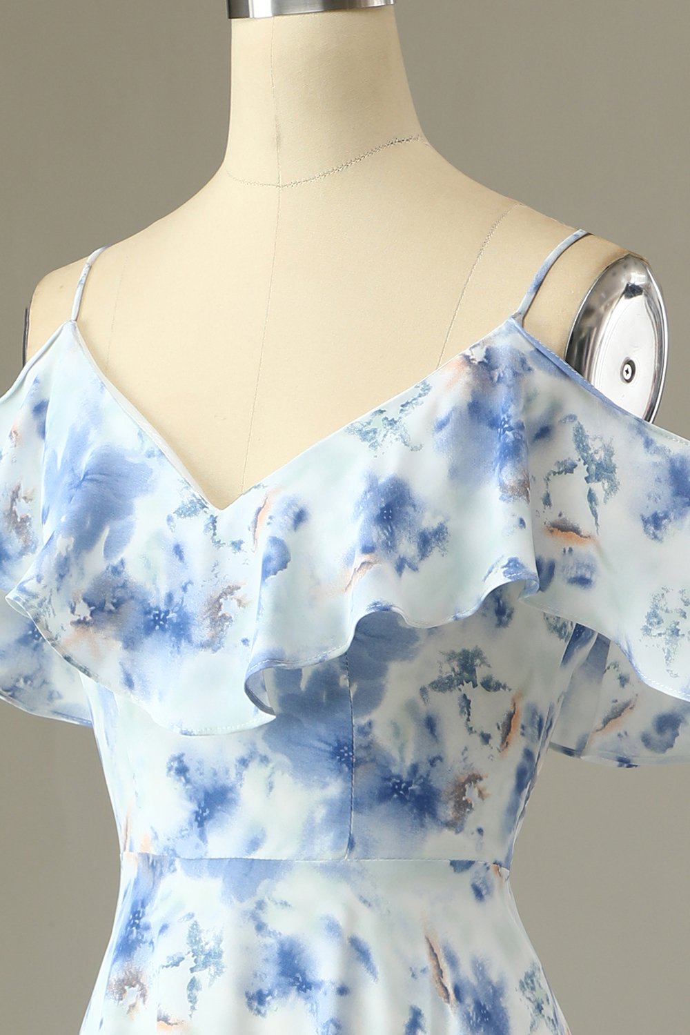 A-Linie Schulterfreies Blaues Blumendruck Langes Brautjungfernkleid