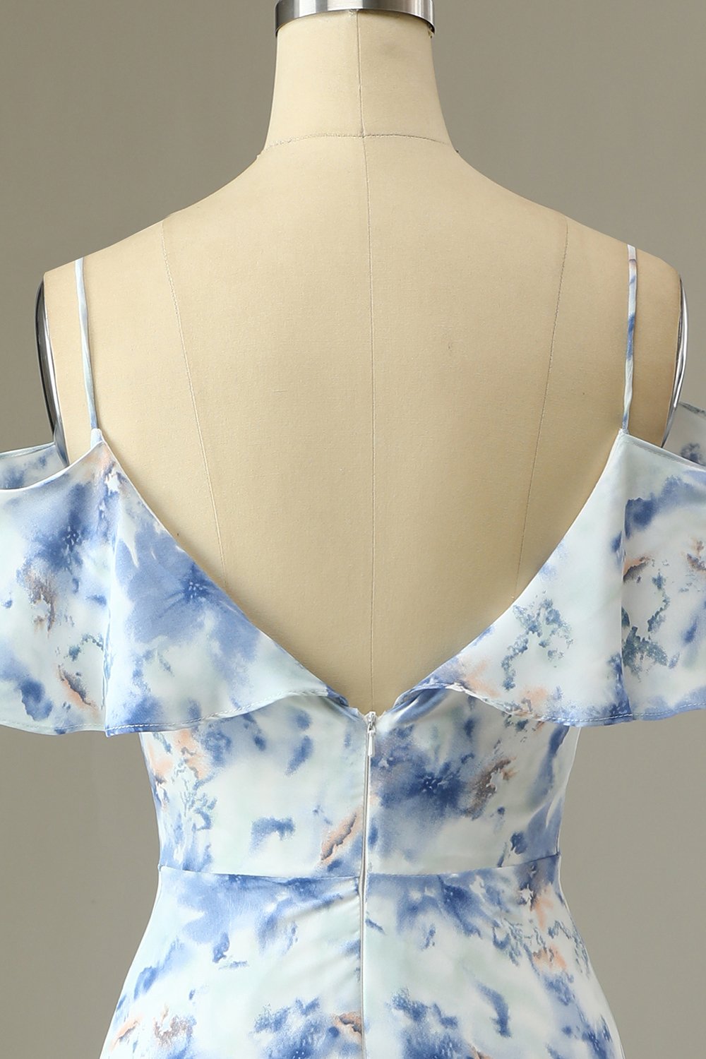 A-Linie Schulterfreies Blaues Blumendruck Langes Brautjungfernkleid