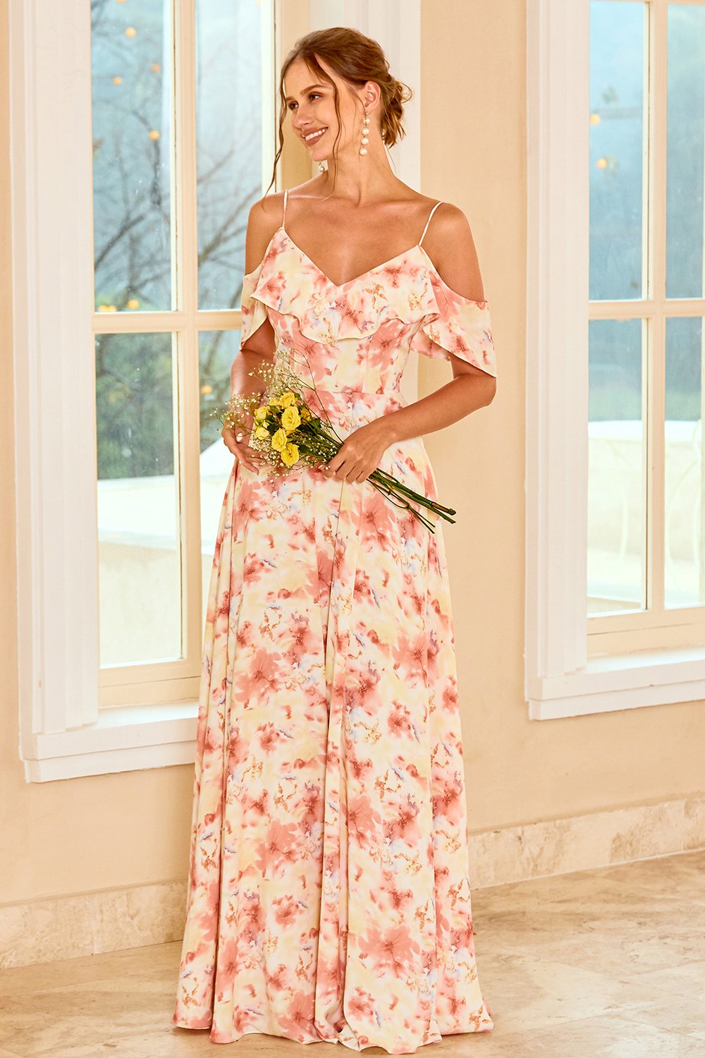 Print Blush Brautjungfernkleid mit Rüschen