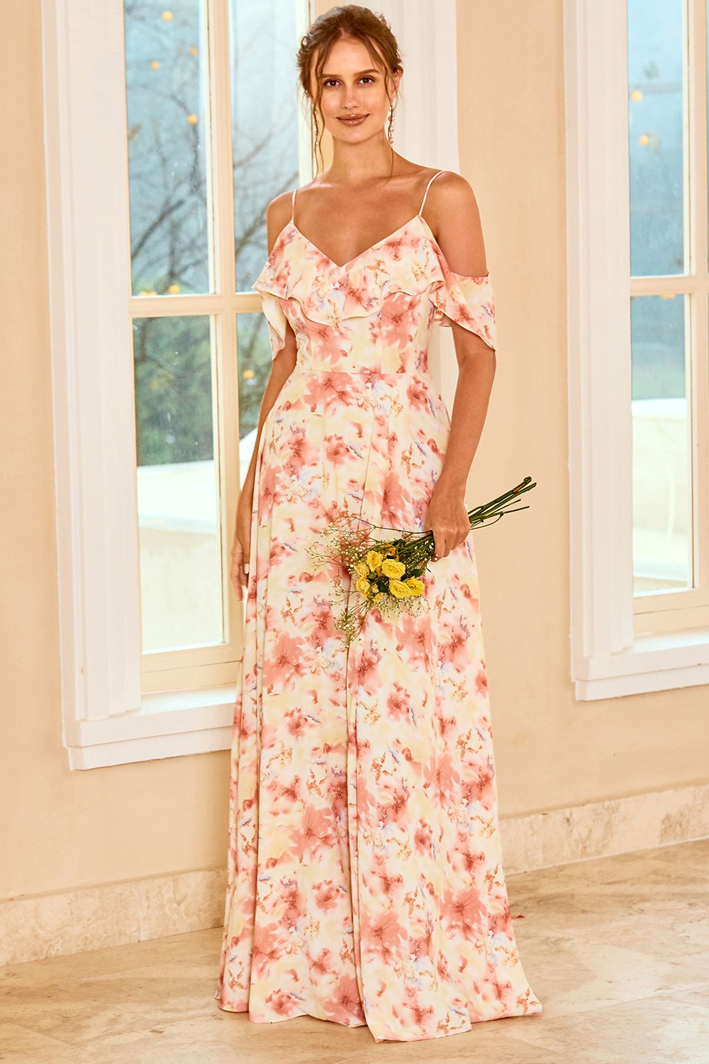 Print Blush Brautjungfernkleid mit Rüschen