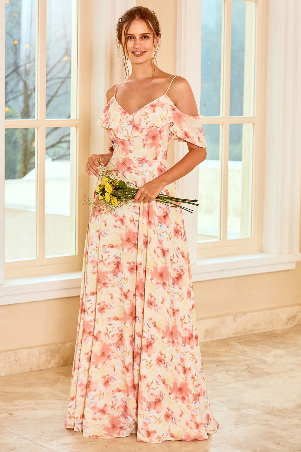 Print Blush Brautjungfernkleid mit Rüschen