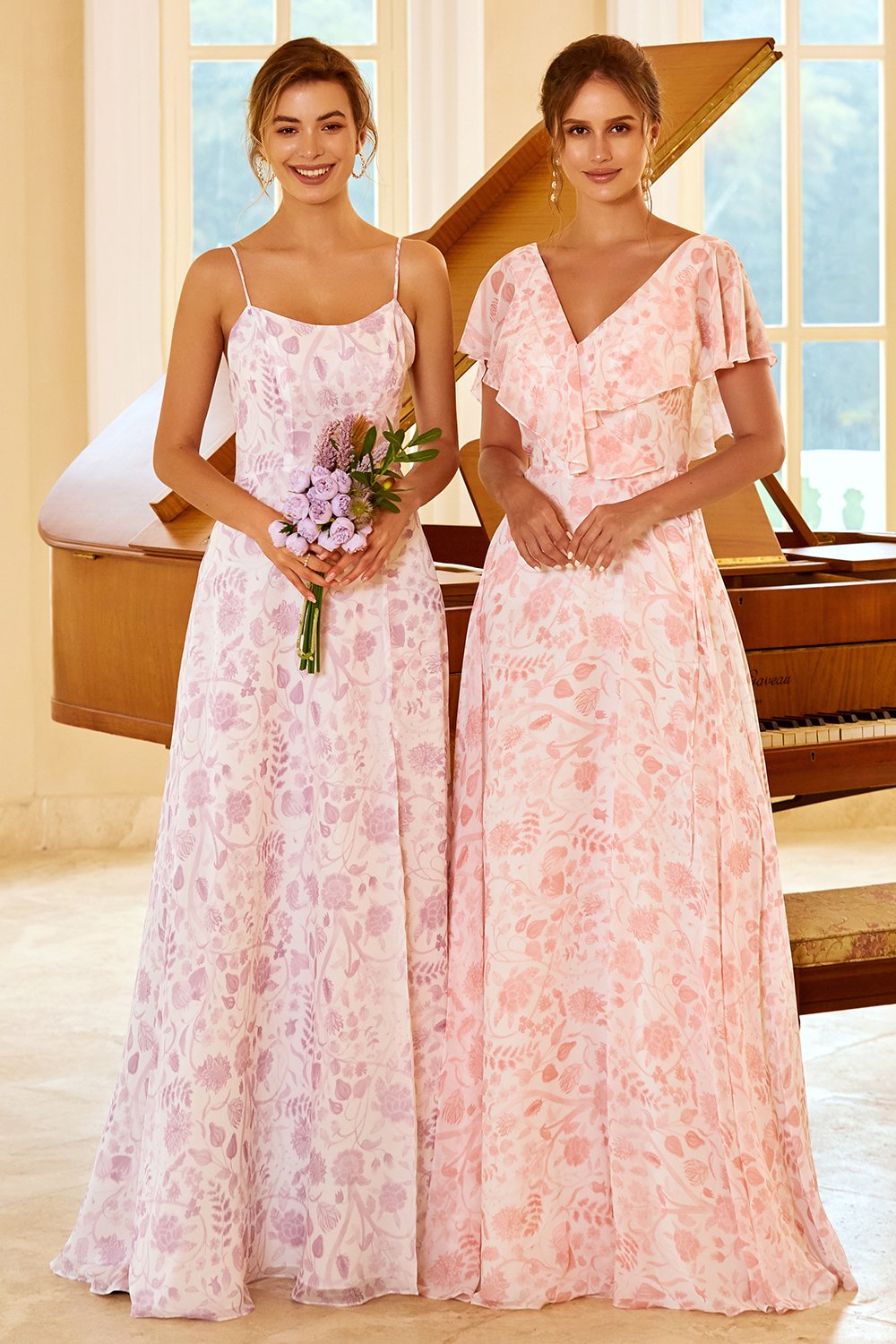 A-Linie Spaghetti Träger Lila Blume Bedruckte Brautjungfer Kleid