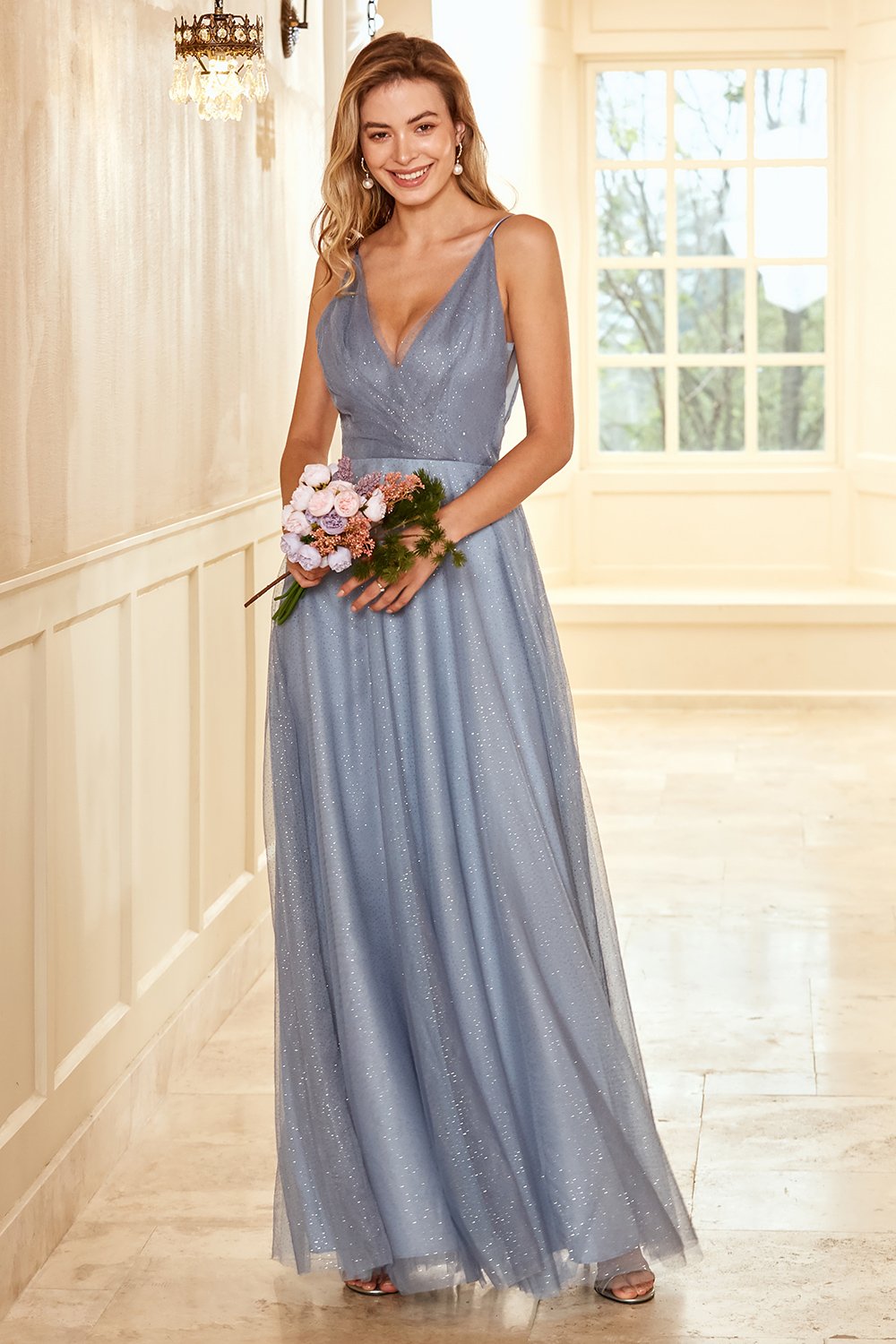 A Line Spaghetti Träger Grau Blau Lange Brautjungfer Kleid