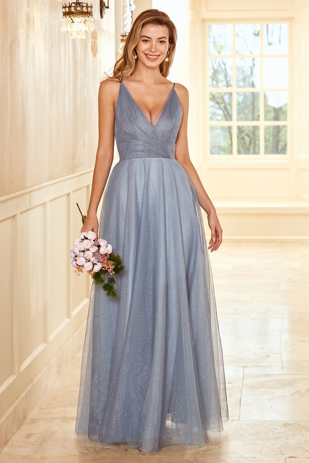 A Line Spaghetti Träger Grau Blau Lange Brautjungfer Kleid