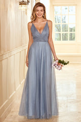 A Line Spaghetti Träger Grau Blau Lange Brautjungfer Kleid
