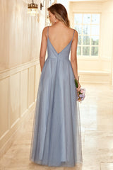 A Line Spaghetti Träger Grau Blau Lange Brautjungfer Kleid