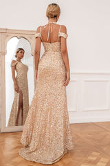 Scheide Schulterfreies Champagner Pailletten Partykleid mit Schlitz