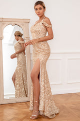 Scheide Schulterfreies Champagner Pailletten Partykleid mit Schlitz