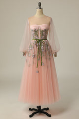 A Linie Jewel Light Nude Langes Ballkleid mit Stickerei