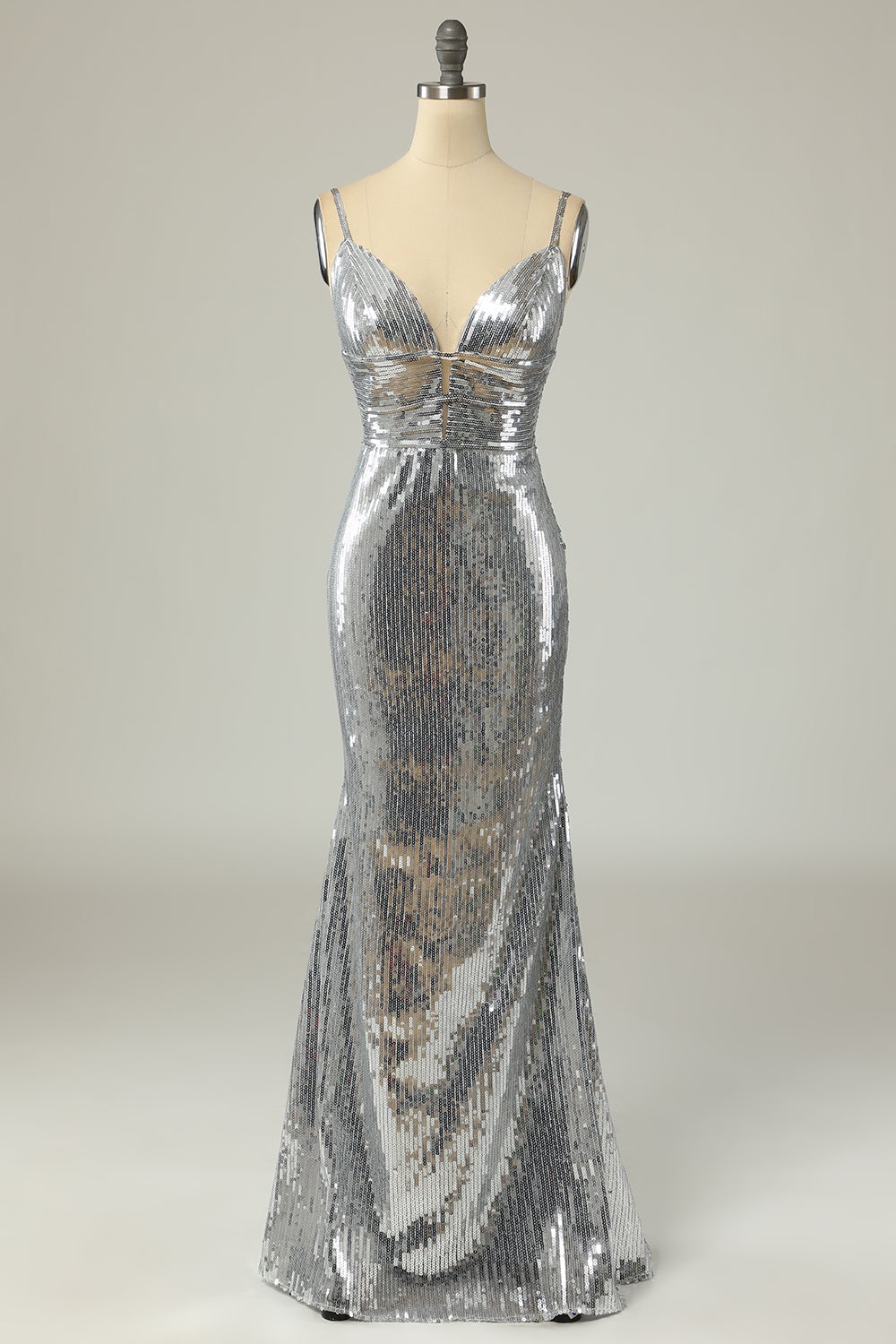Meerjungfrau Spaghetti Träger Silber Pailletten Langes Ballkleid Rückenlos