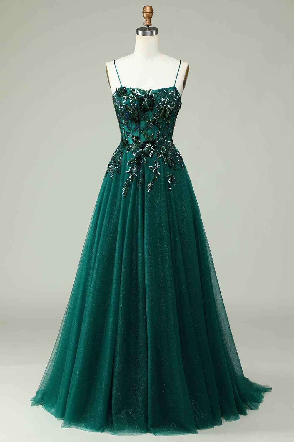 A Linie Spaghettiträger Dunkelgrünes Korsett Ballkleid mit Applikationen