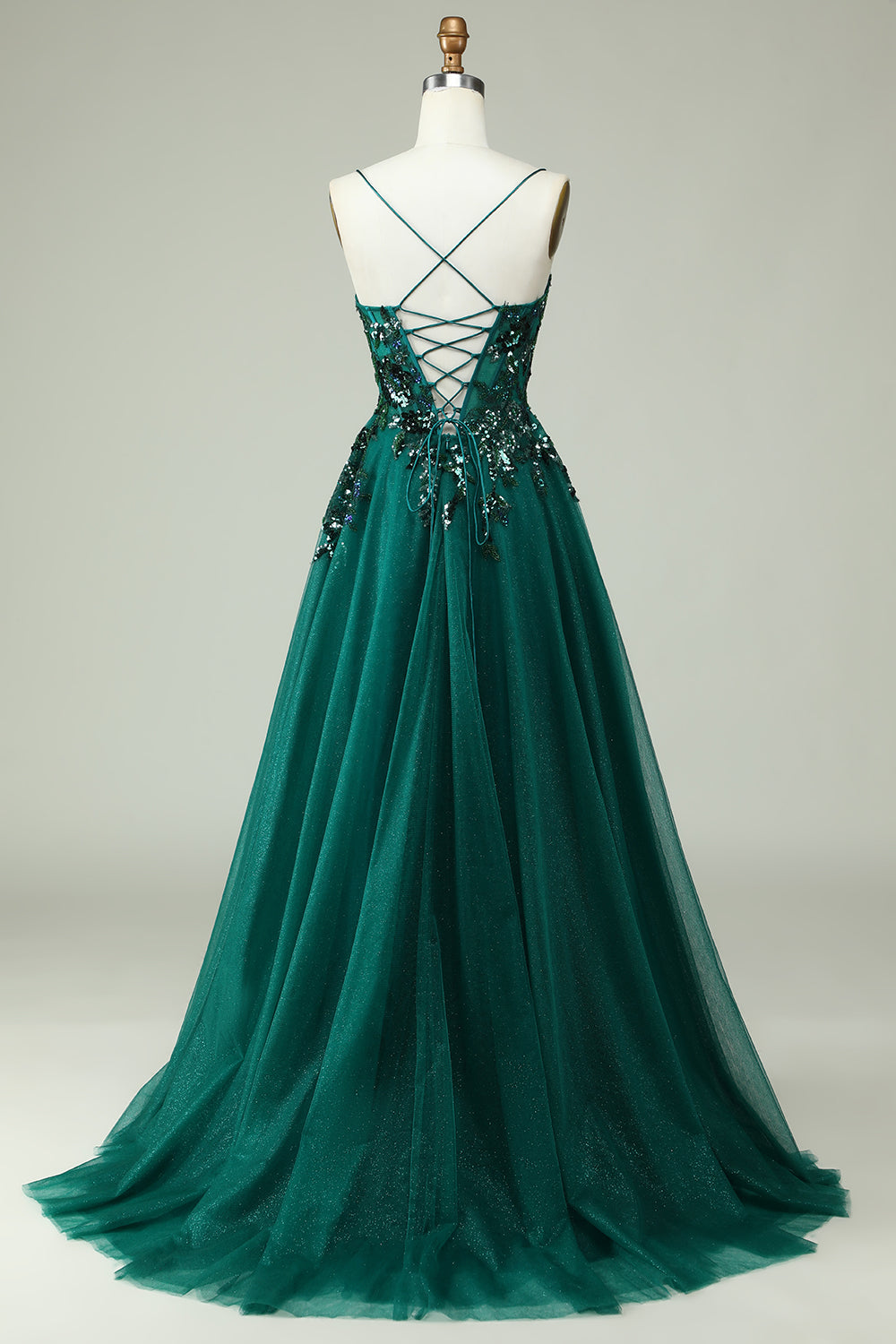 A Linie Spaghettiträger Dunkelgrünes Korsett Ballkleid mit Applikationen