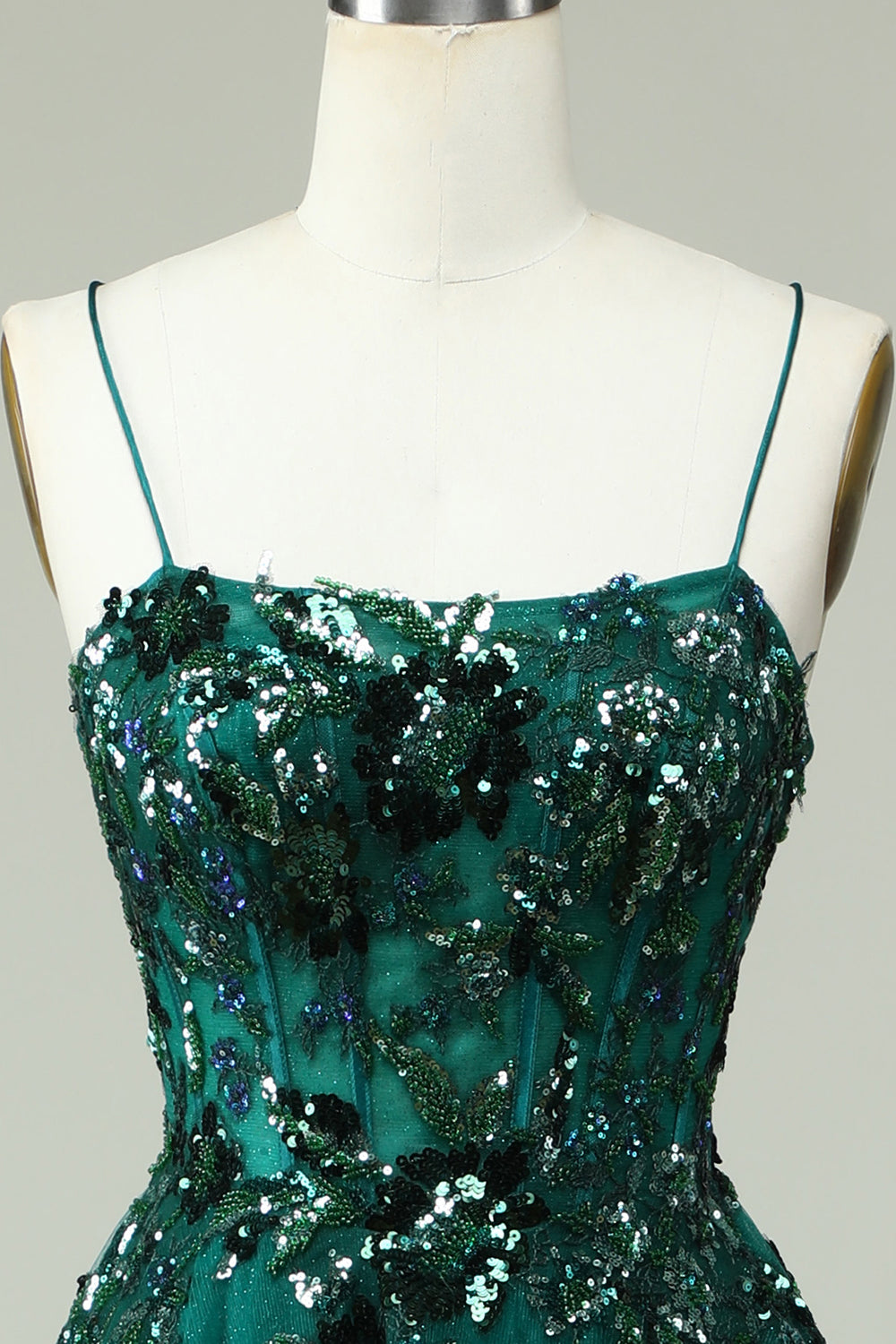 A Linie Spaghettiträger Dunkelgrünes Korsett Ballkleid mit Applikationen