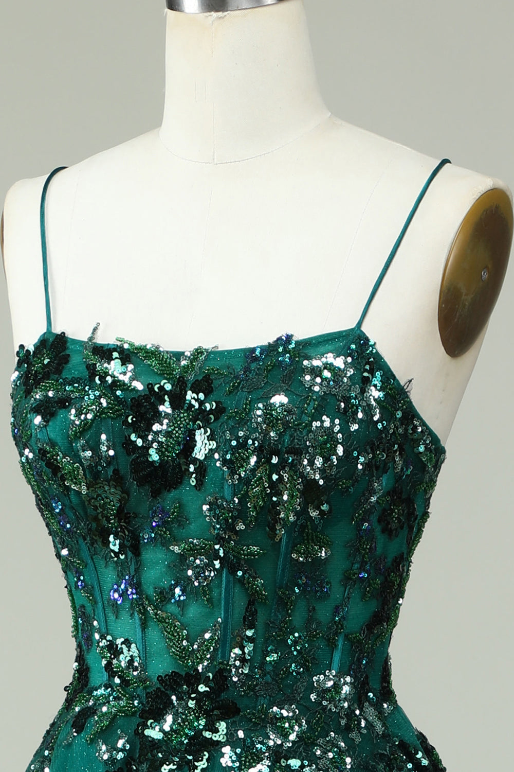 A Linie Spaghettiträger Dunkelgrünes Korsett Ballkleid mit Applikationen