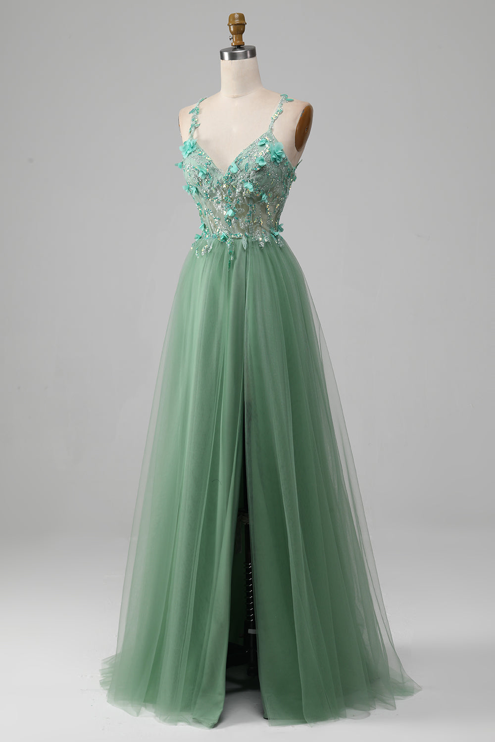 Glitzerndes grünes A-Linie Spaghettiträger Korsett Ballkleid mit Applikationen