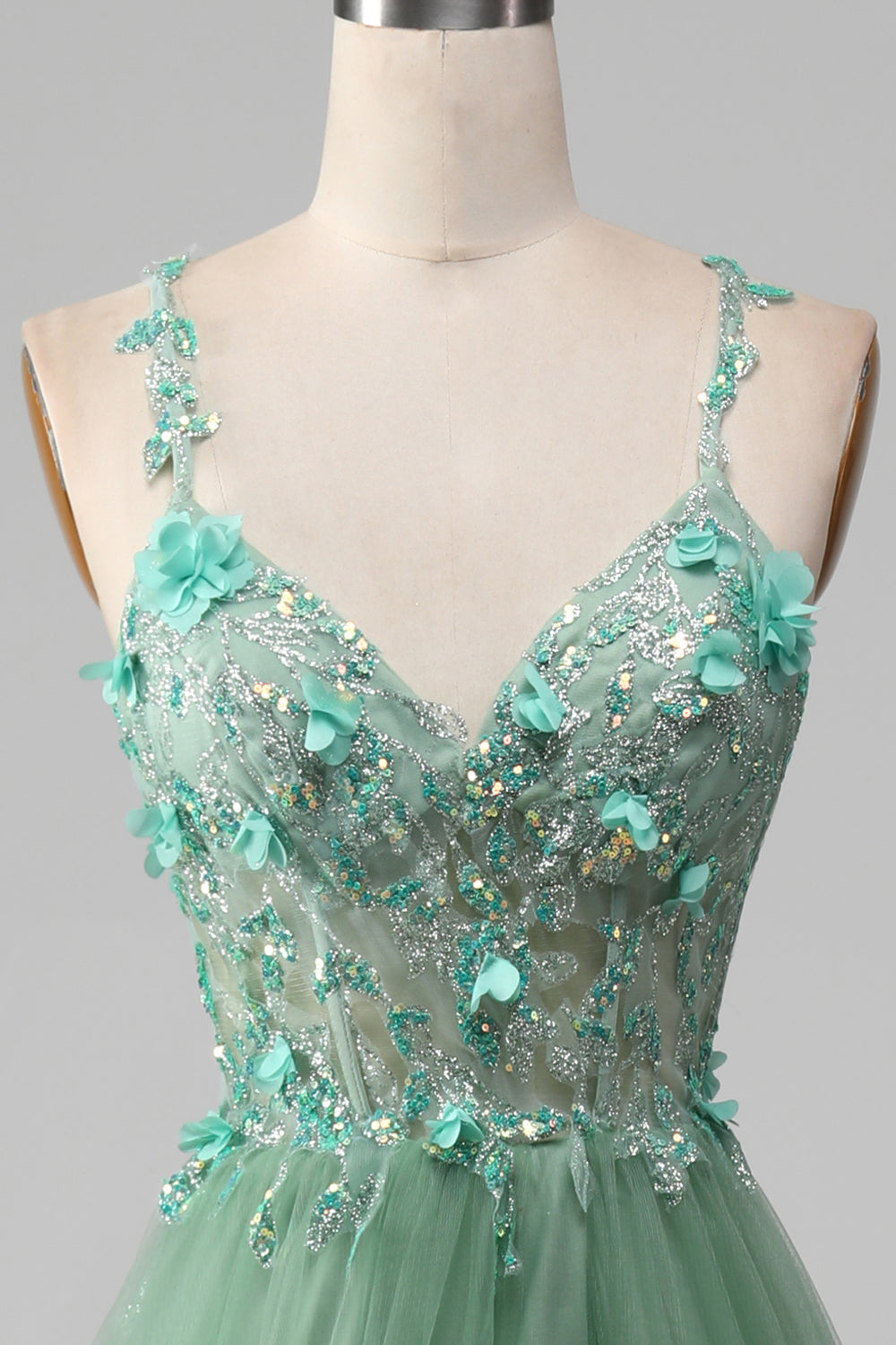 Glitzerndes grünes A-Linie Spaghettiträger Korsett Ballkleid mit Applikationen