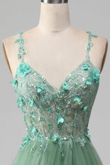 Glitzerndes grünes A-Linie Spaghettiträger Korsett Ballkleid mit Applikationen