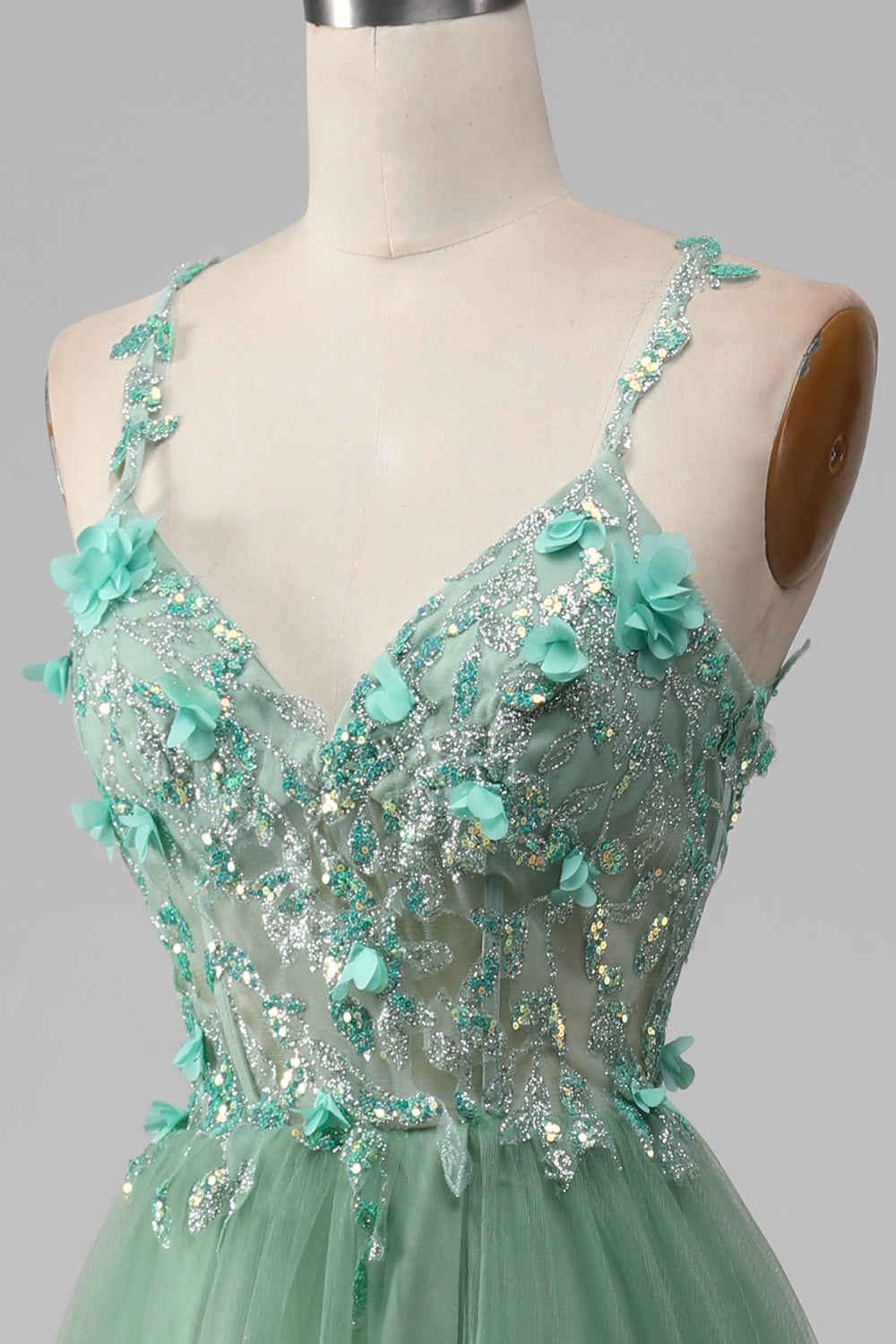 Glitzerndes grünes A-Linie Spaghettiträger Korsett Ballkleid mit Applikationen