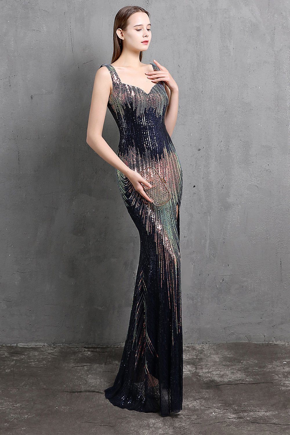 Gold Meerjungfrau Pailletten V Hals Ballkleid