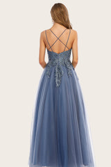 Dusty Blau Langes Ballkleid mit Spitze