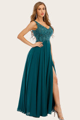 Blau Chiffon Langes Ballkleid mit Strass