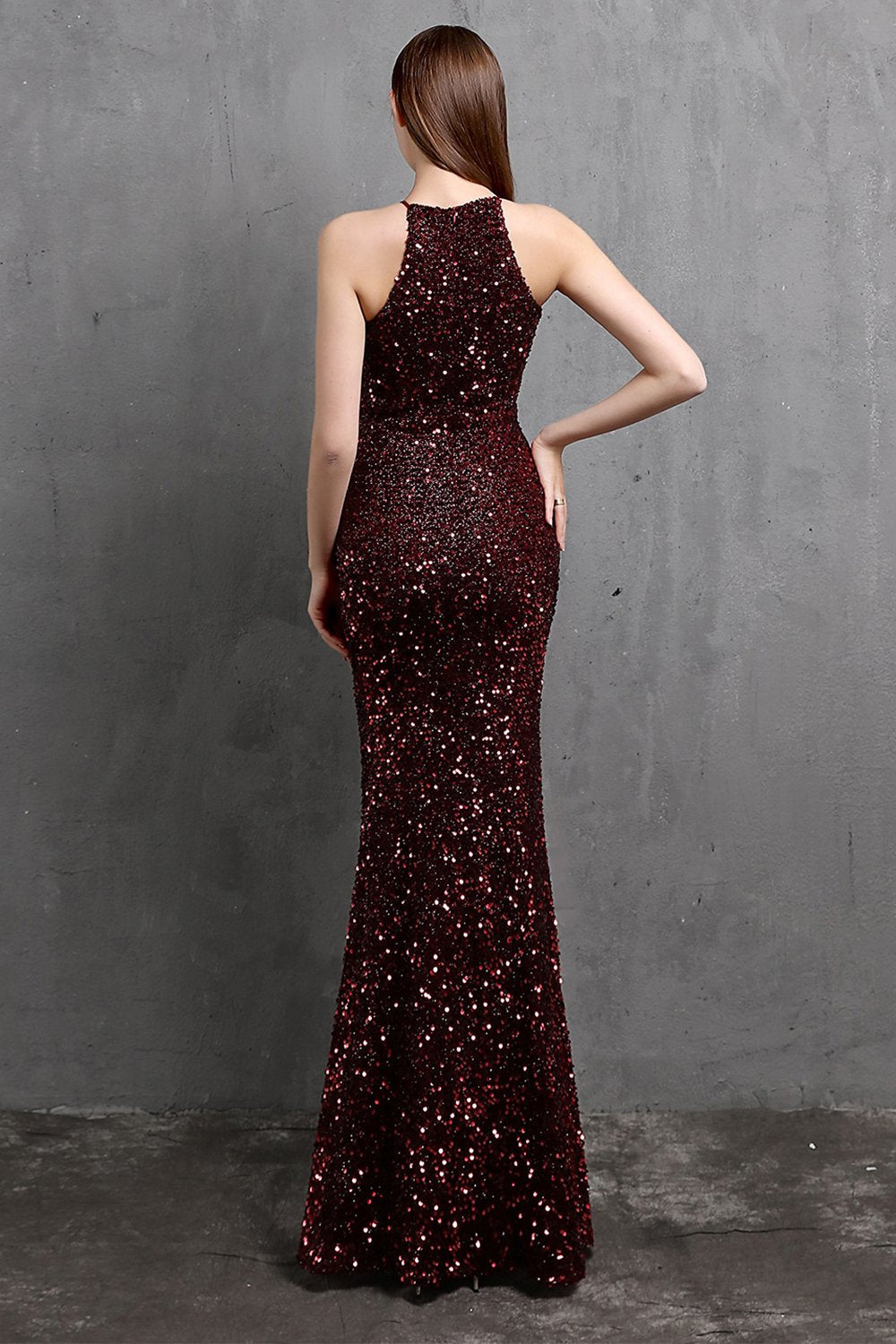 Burgund Pailletten langes Ballkleid mit Schlitz