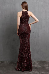 Burgund Pailletten langes Ballkleid mit Schlitz