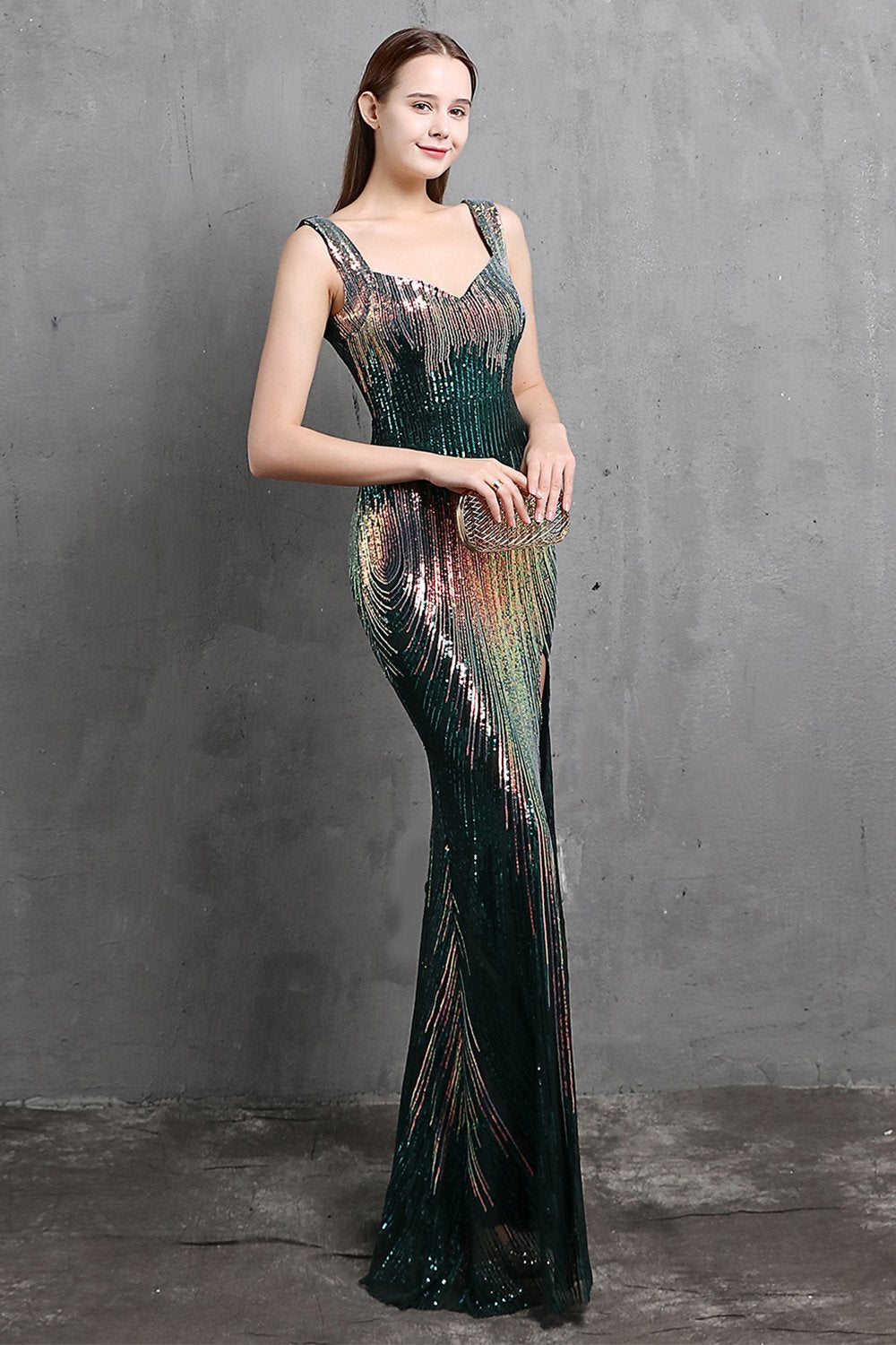 Gold Meerjungfrau Pailletten V Hals Ballkleid