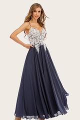 Dusty Blau Langes Chiffon Ballkleid mit Spitze