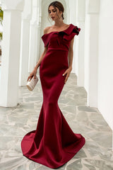Eine Schulter Meerjungfrau Burgundy Ballkleid